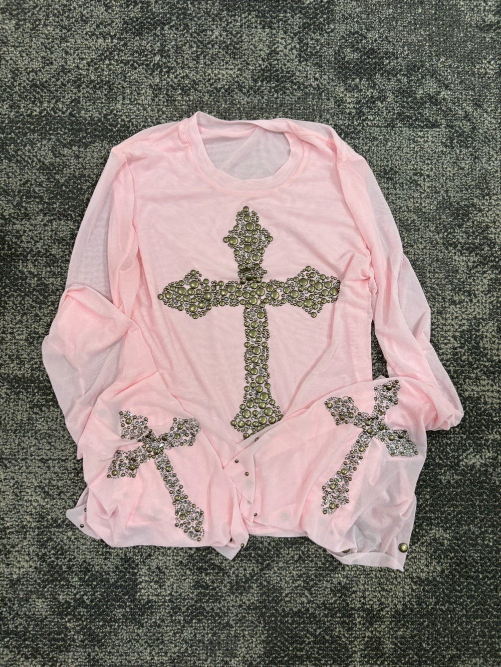Pink Embellished Cross Mesh Top